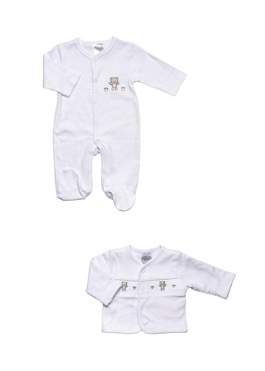 A two-piece baby clothing set on a white background, featuring a white long-sleeve footed sleeper with a small embroidered bear on the chest, and a matching white long-sleeve cardigan with snap buttons and decorative bear embroidery.
