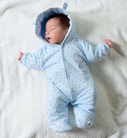 Blue Snowsuit, Bear Appliqué, Bear Ears on Hood Snowsuit / Pramsuit Dandelion 