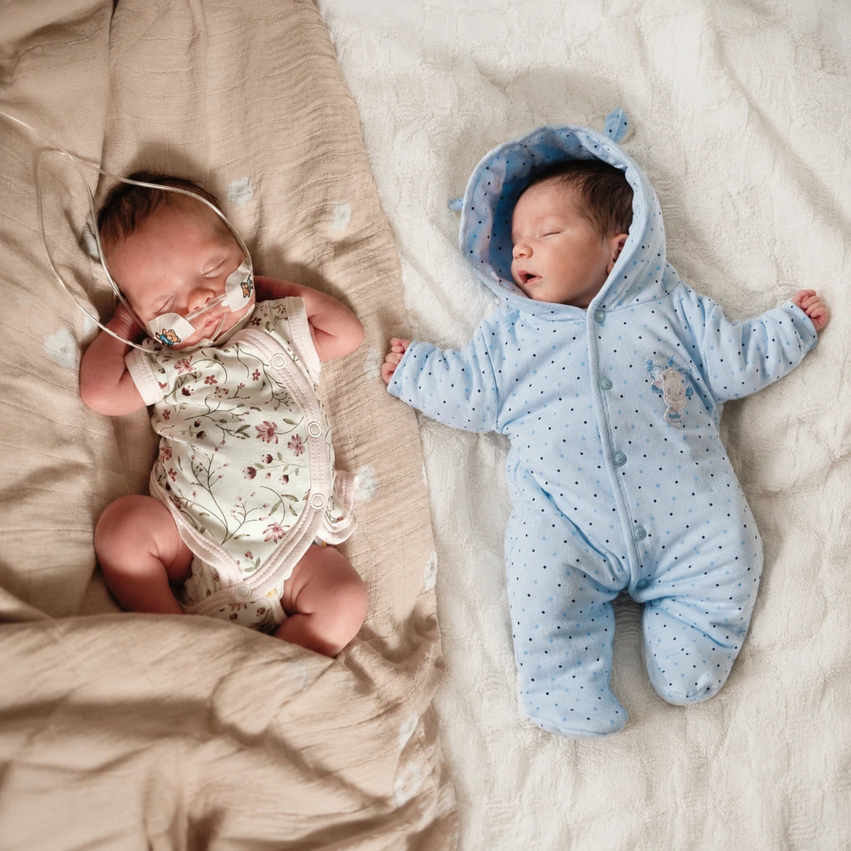 Two newborn babies lying side by side on textured blankets. The baby on the left wears a cream floral print bodysuit and has an oxygen nasal prong connected to tubing.