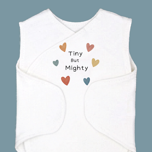 White baby romper with colorful hearts and 'Tiny But Mighty' text on a blue background