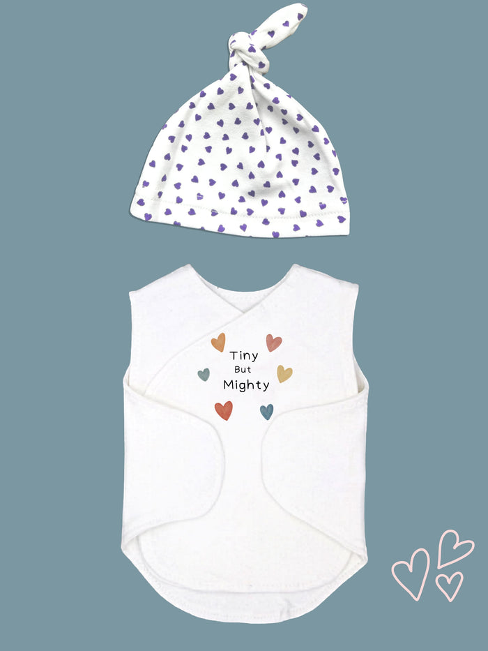 'Tiny But Mighty' Incubator Vest With Heart Print Knotted Hat