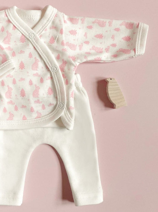 Wrap Top & Trouser Set. Bunny Meadow, Organic Cotton Tiny & Small