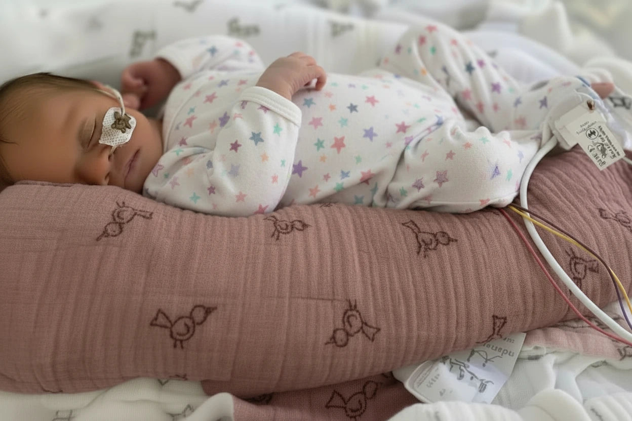 Newborn baby lying on a pink blanket with medical equipment attached