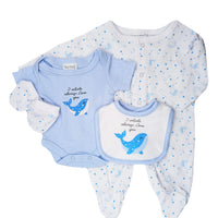 Blue Whale 4 Piece Gift Set: Sleepsuit, vest, mitts & bib (3-5lbs & 5-8lbs) Set Tiny Baby 