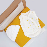 Yellow Stars Gift Box - Incubator Vest, Hat & Muslin Little Mouse Baby Clothing & Gifts
