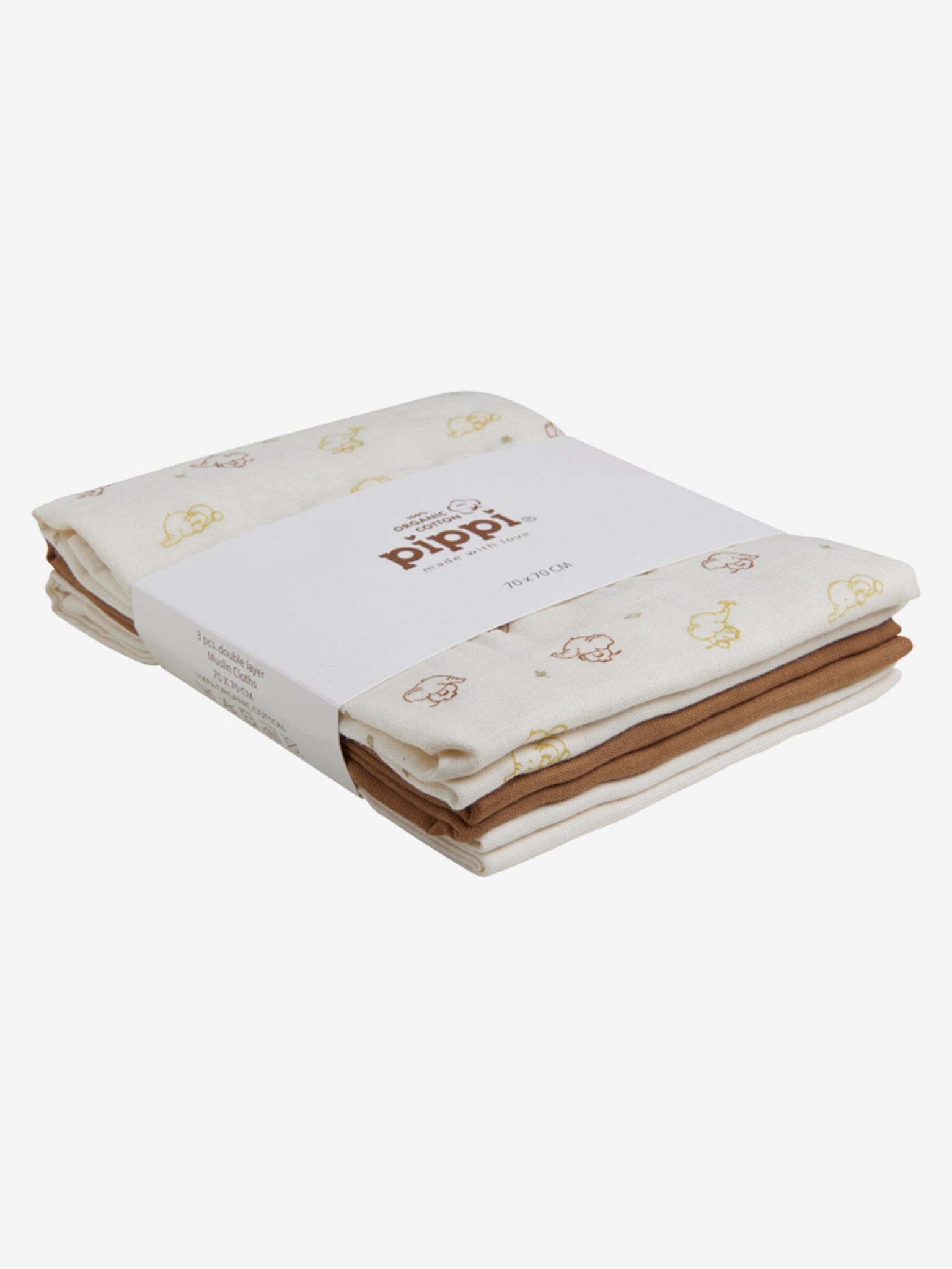 3 Pack, Organic Cotton Muslins, Elephant Print, 70 x 70 cm - Muslin - Pippi