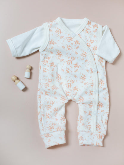 Dungaree & Top Set, Apricot Floral, Premium 100% Organic Cotton Dungaree Tiny & Small 