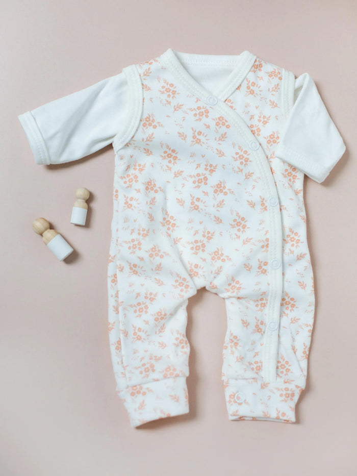 Dungaree & Top Set, Apricot Floral, Premium 100% Organic Cotton