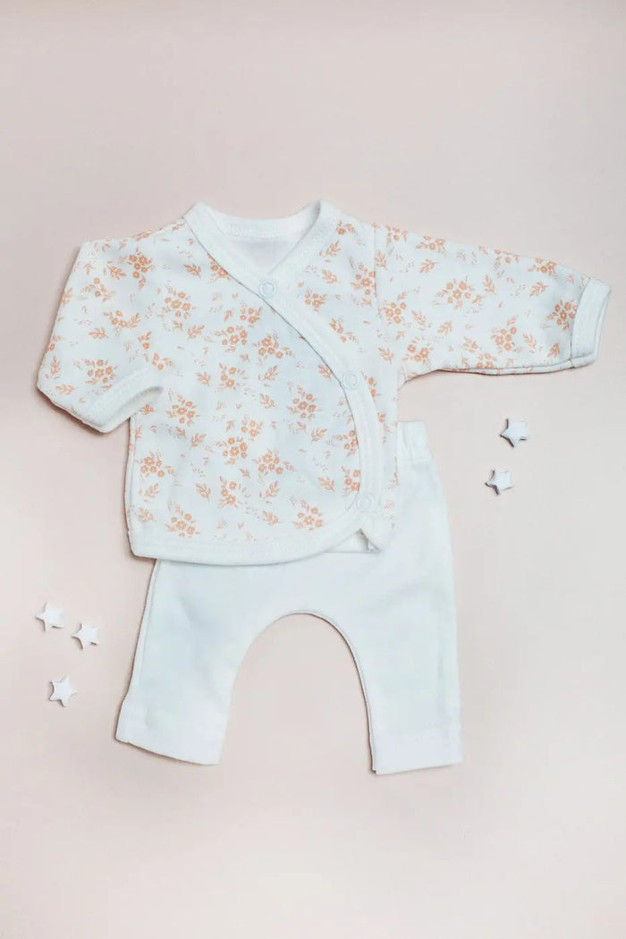 2 piece wrap top & trouser set, Apricot Floral , Organic Cotton