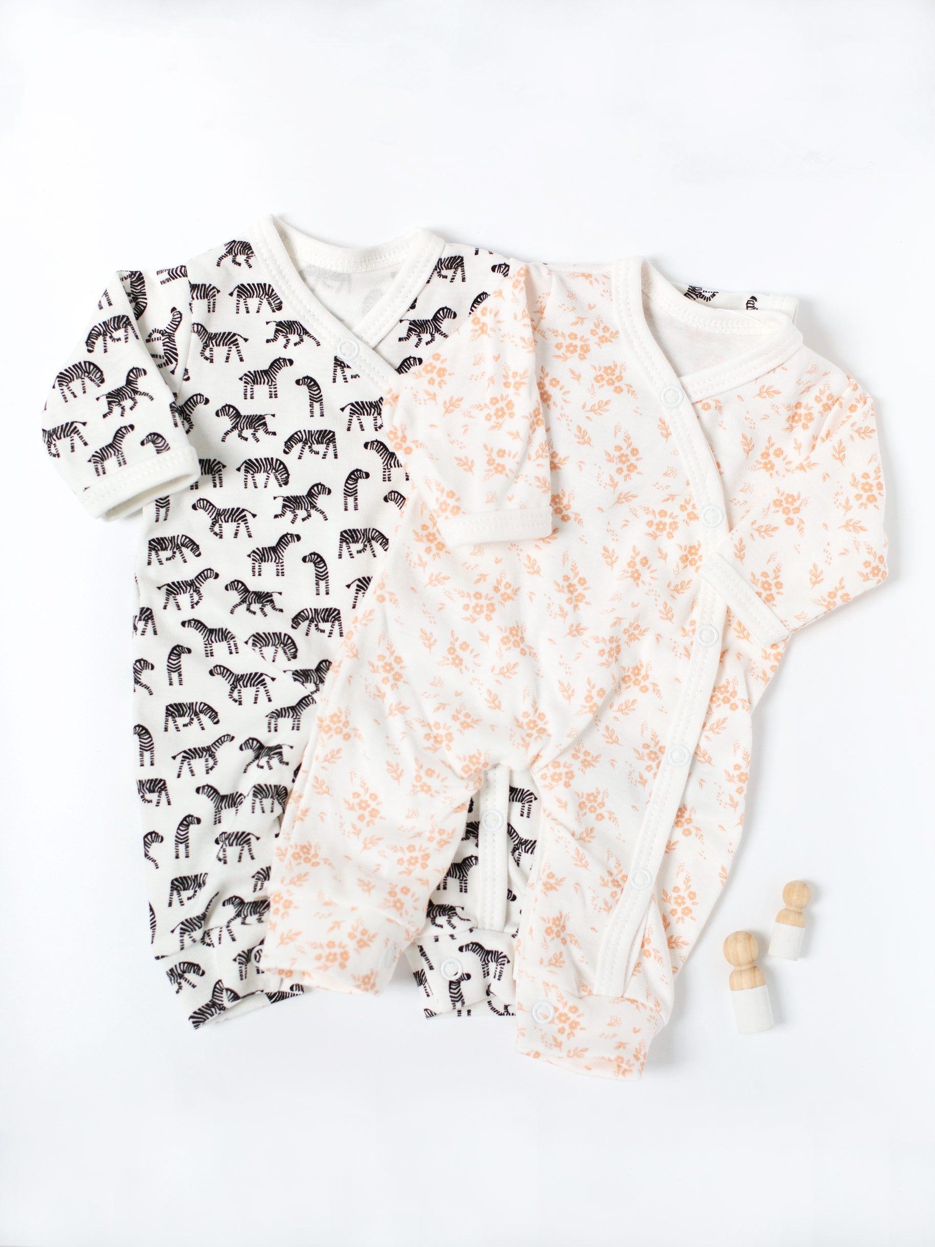Twin Bundle - 2 Pack Sleepsuits, Little Zebras and Apricot Floral, 100% Organic Cotton - Set - Tiny & Small