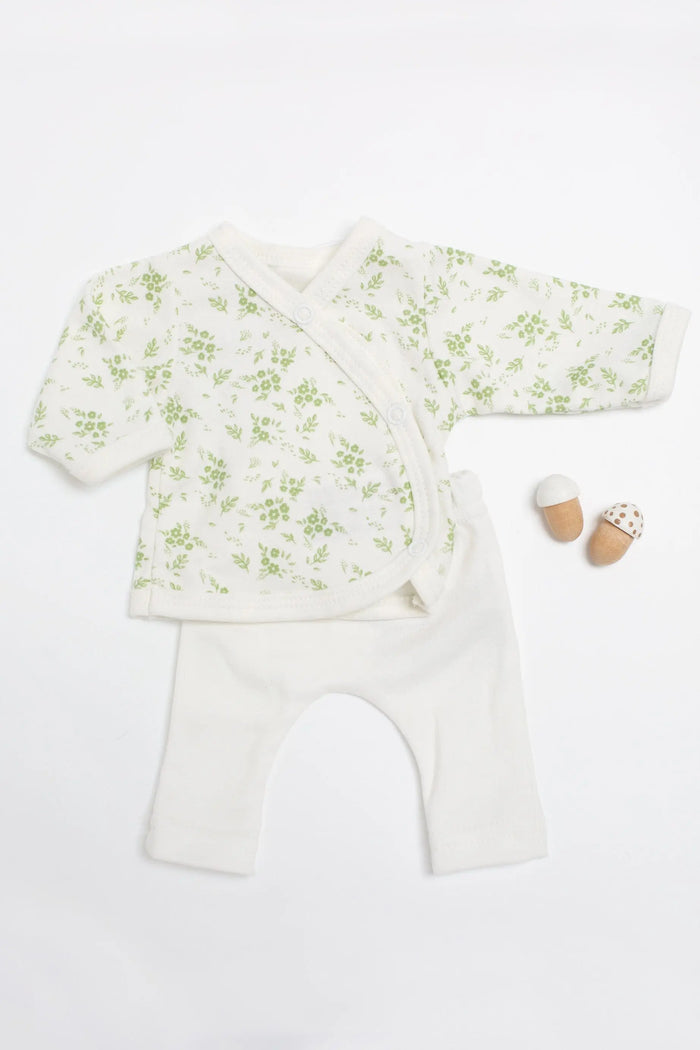2 piece wrap top & trouser set. Apple Floral, Organic Cotton