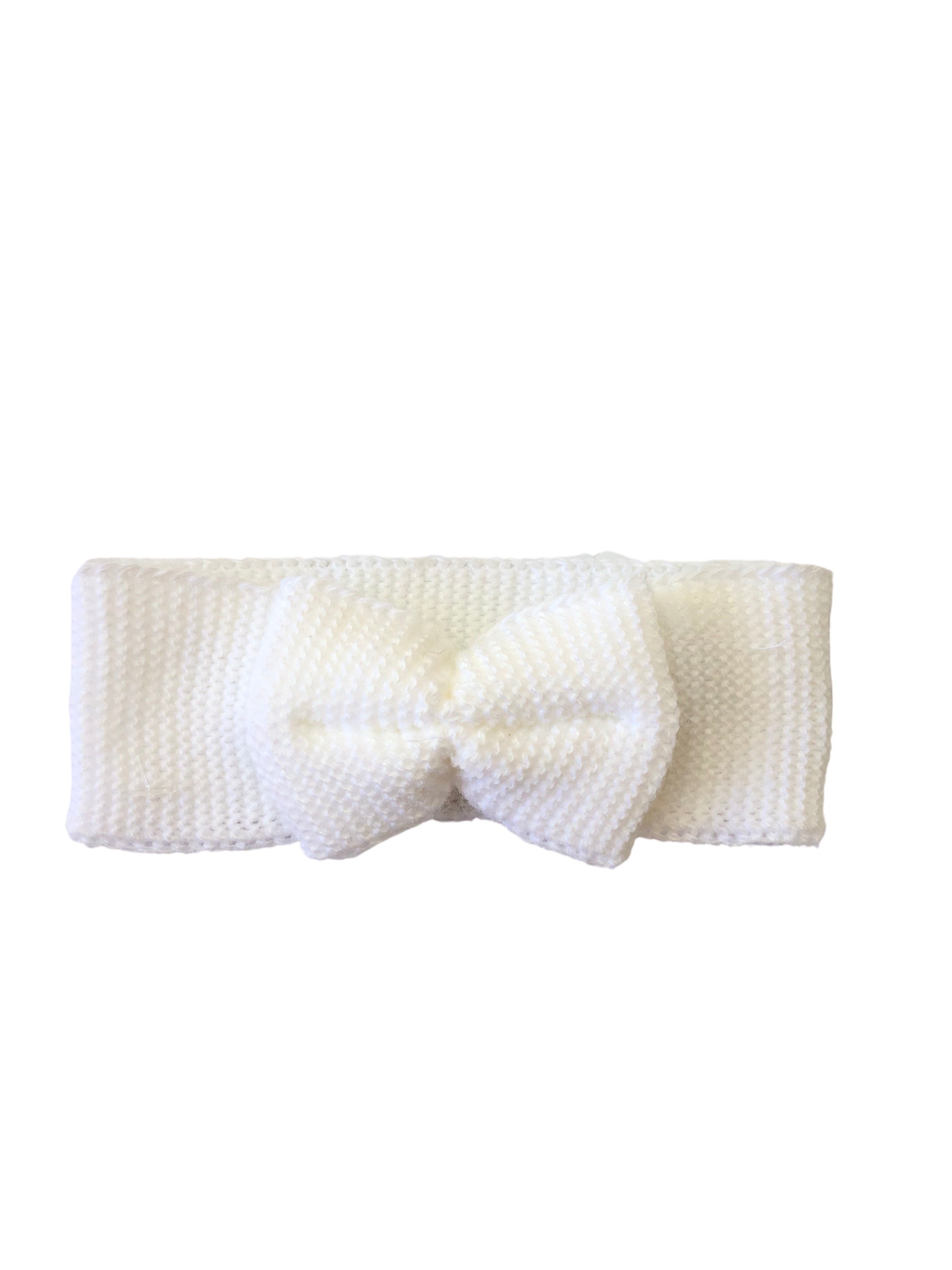 Tiny Baby Knitted Headband with Bow, White - Hat - La Manufacture de Layette