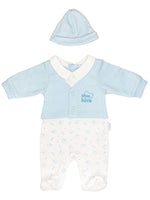 'Little Love' Blue Polkadot Cardigan Sleepsuit & Hat