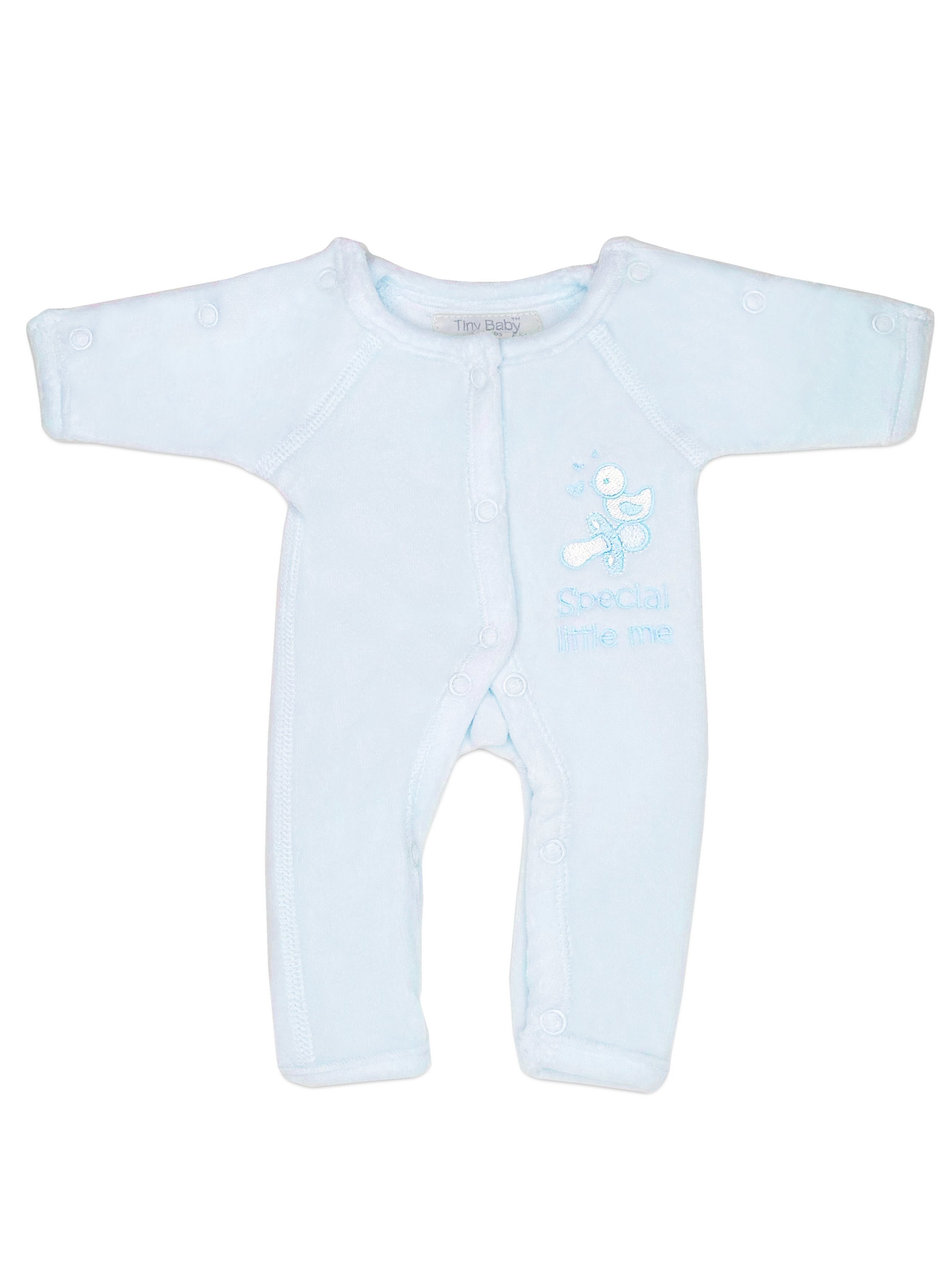 Preemie Baby Clothes: Velour, Blue 'Special Little Me' - Sleepsuit / Babygrow - Tiny Chick