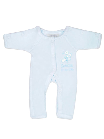 Preemie Baby Clothes: Velour, Blue 'Special Little Me' Sleepsuit / Babygrow Tiny Chick 