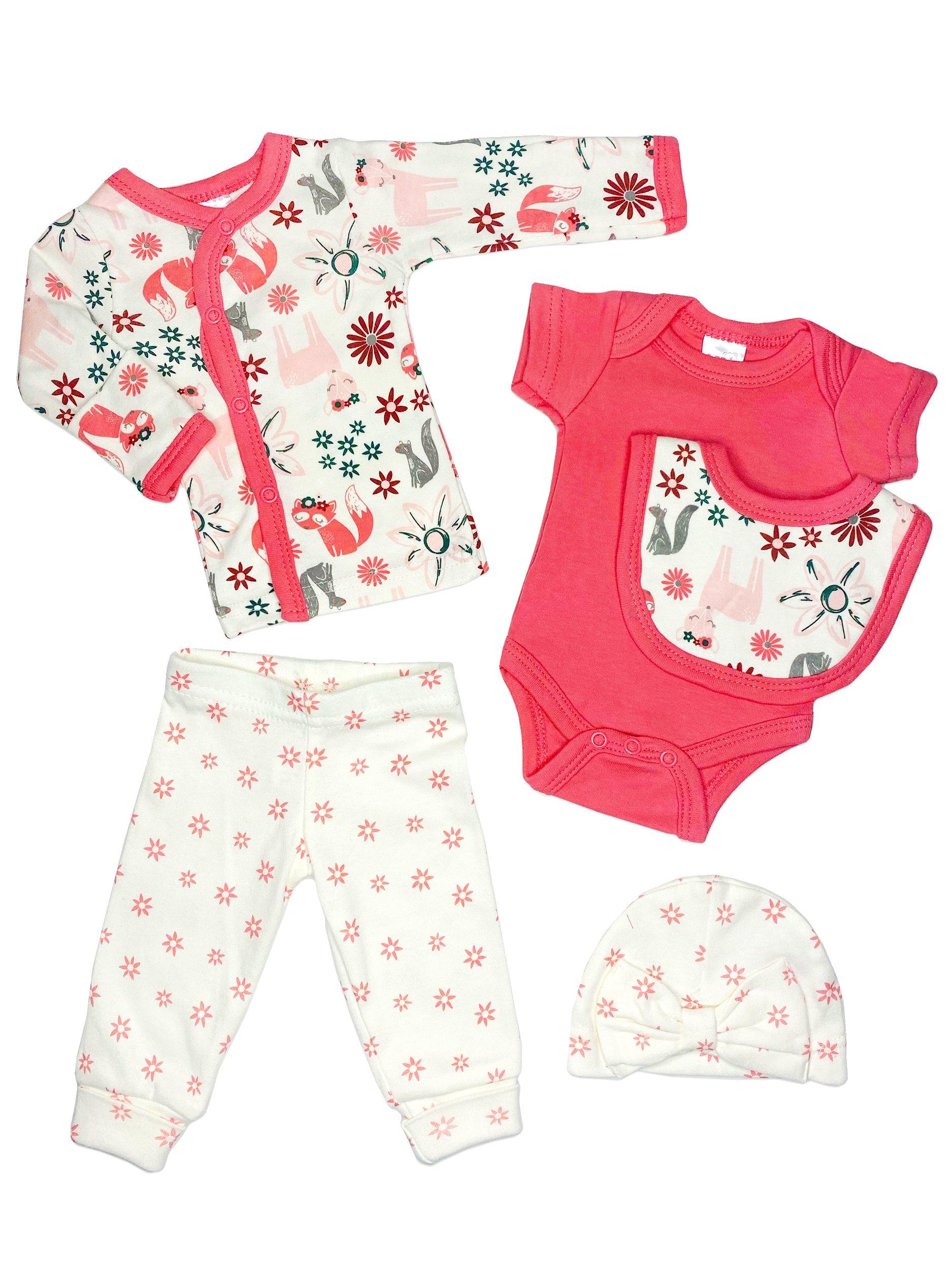 Pink Woodland Animals 5 piece set - Vest, Top, Trousers, Bib & Hat - Set - Soft Touch