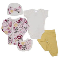 Floral Print 5 Piece Set - Vest, Top, Trousers, Bib & Hat Set Soft Touch 