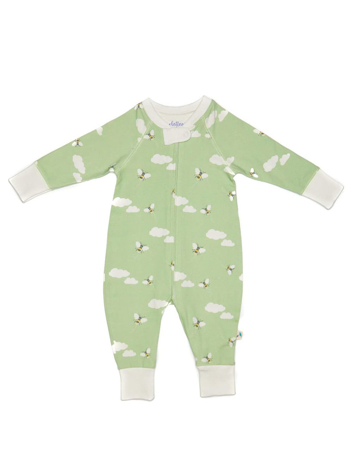 Organic Cotton Zip Up Green Bee & Clouds Sleepsuit - Sleepsuit / Babygrow - Cotton Boulevard