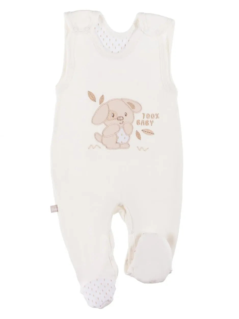 Early Baby Footed Dungarees, Embroidered Puppy Design - Cream Dungaree EEVI 