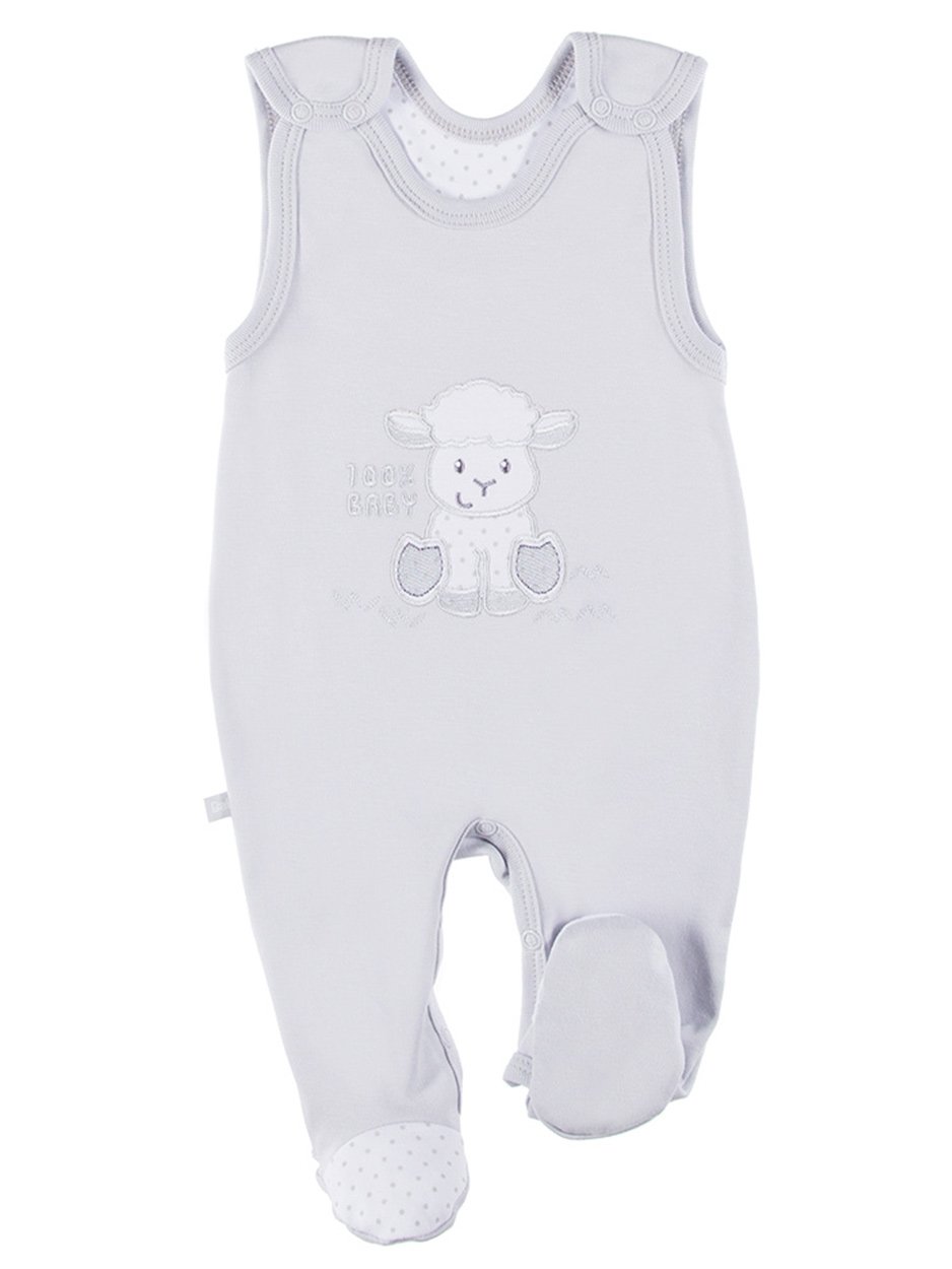 Early Baby Footed Dungarees, Embroidered Lamb Design - Grey - Dungaree - EEVI