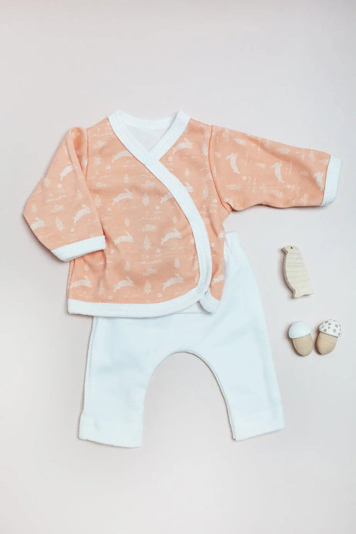 2 piece wrap top & trouser set, Leaping Bunnies, Organic Cotton