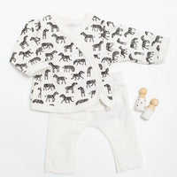 2 piece wrap top & trouser set, Little Zebras print, Organic Cotton Top & Trousers Tiny & Small 