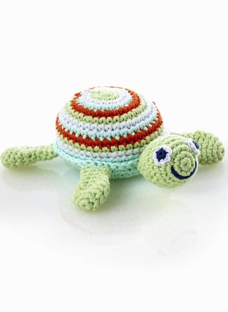 Turtle - Fair Trade Organic Crochet Baby Rattle - Green/Blue - Rattle - Pebble Toys