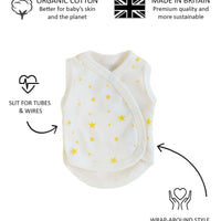 Incubator Vest, Yellow Stars, Premium 100% Organic Cotton Bodysuit / Vest Tiny & Small 