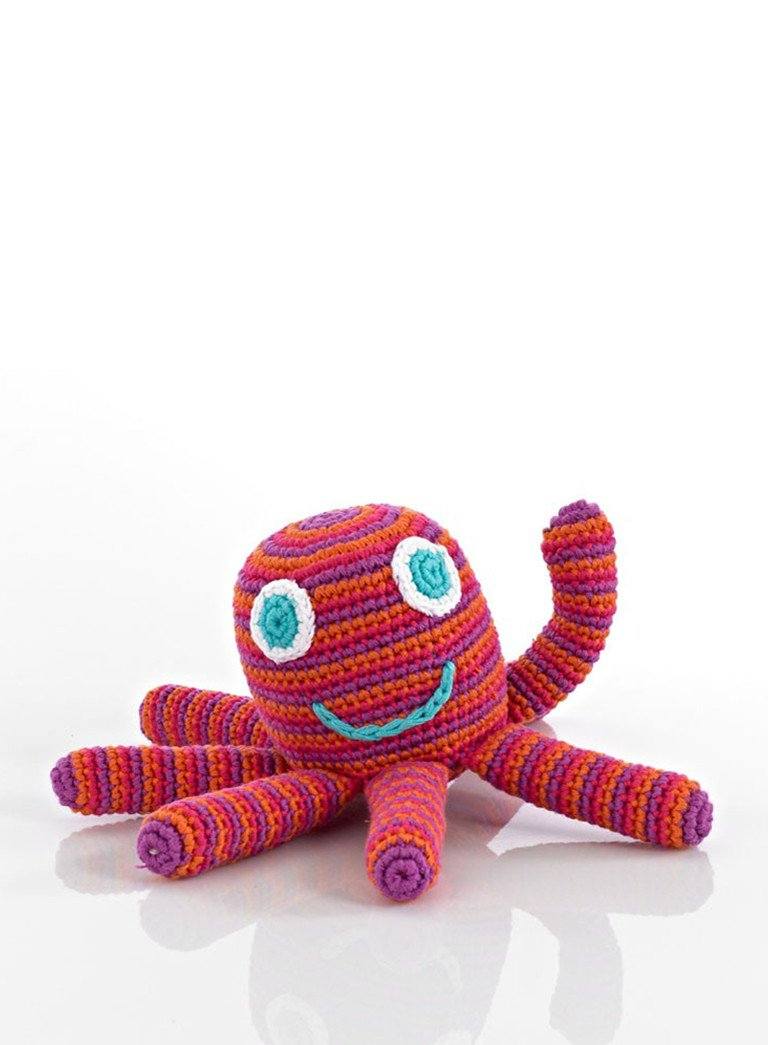 Octopus Fair Trade Crochet Rattle Toy - Red/Purple Stripe - Rattle - Pebble Toys