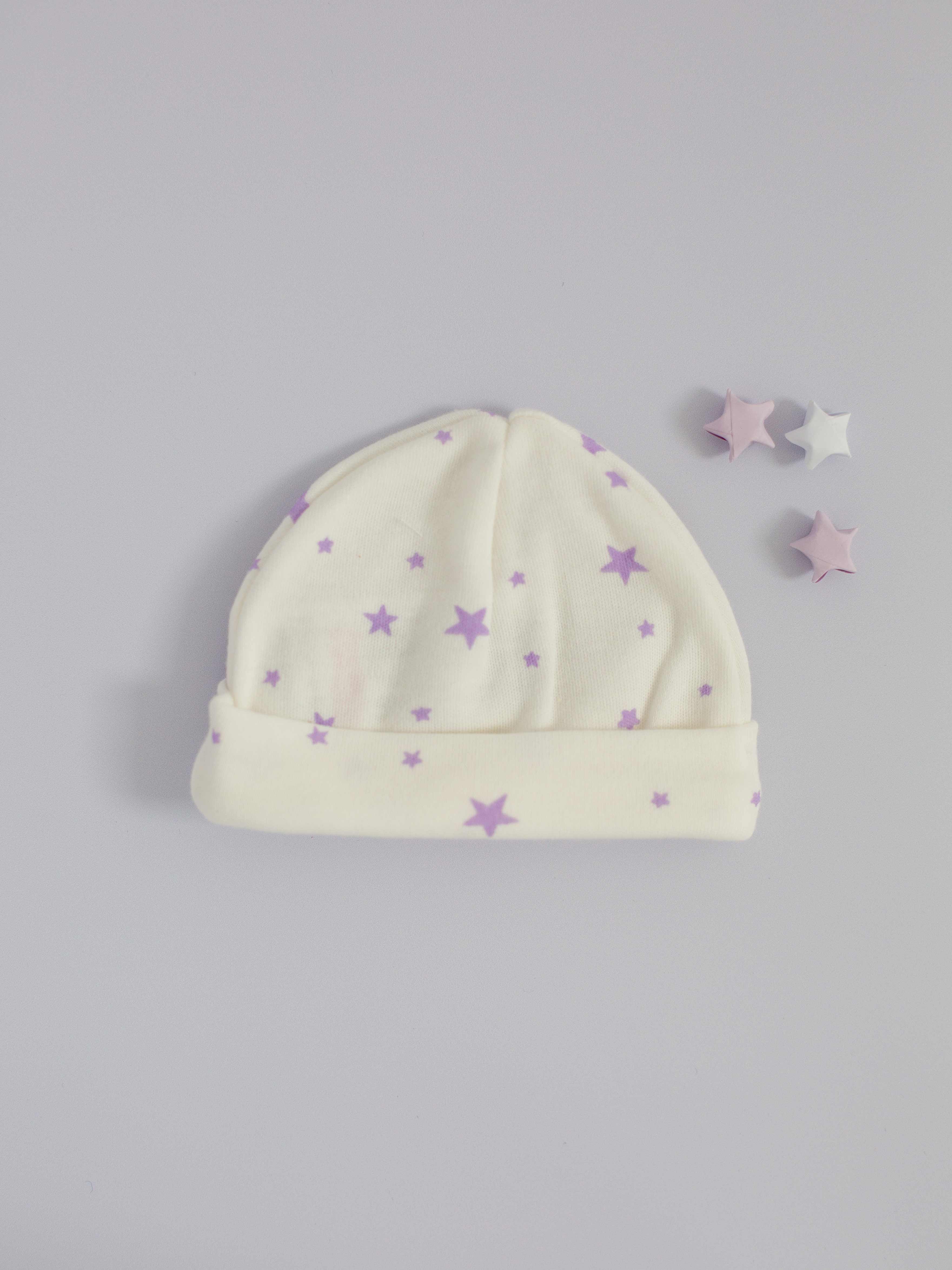 Round Premature Baby Hat, Purple Stars, Premium 100% Organic Cotton - Hat - Tiny & Small