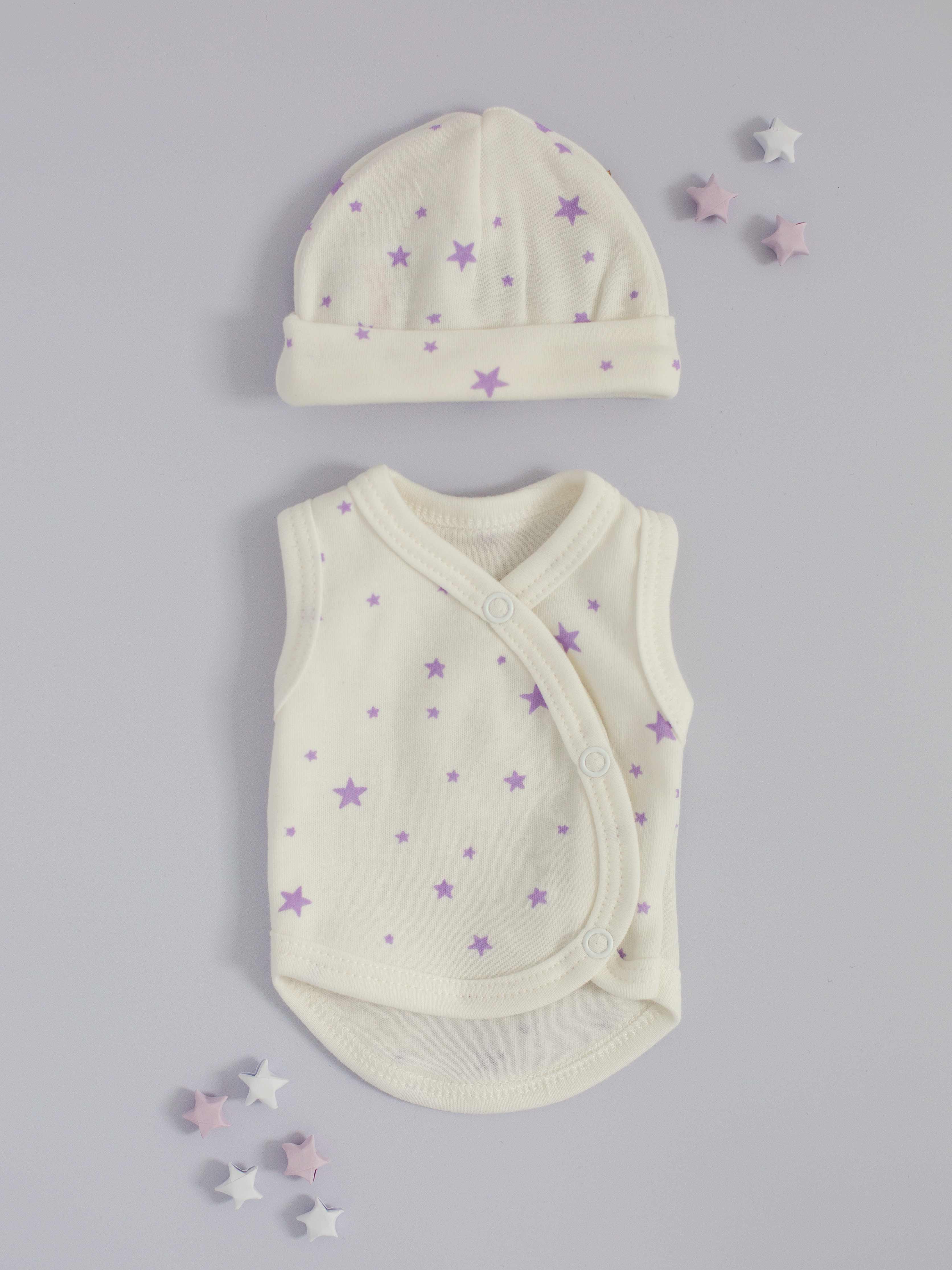 Incubator Vest & Round Hat Set Purple Stars, 100% Organic Cotton - Incubator Vest - Tiny & Small