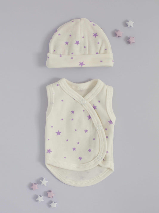 Incubator Vest & Round Hat Set Purple Stars, 100% Organic Cotton Incubator Vest & Hat Set Tiny & Small 