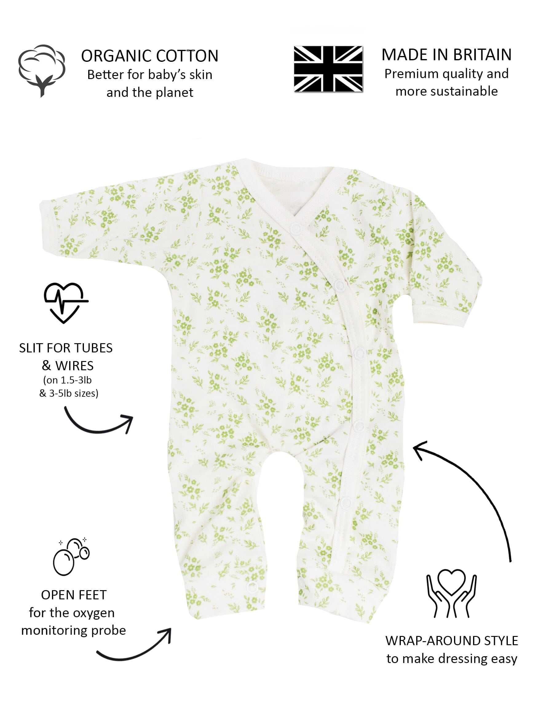 Preemie Girl Sleepsuit, Apple Floral, Premium 100% Organic Cotton - Sleepsuit / Babygrow - Tiny & Small