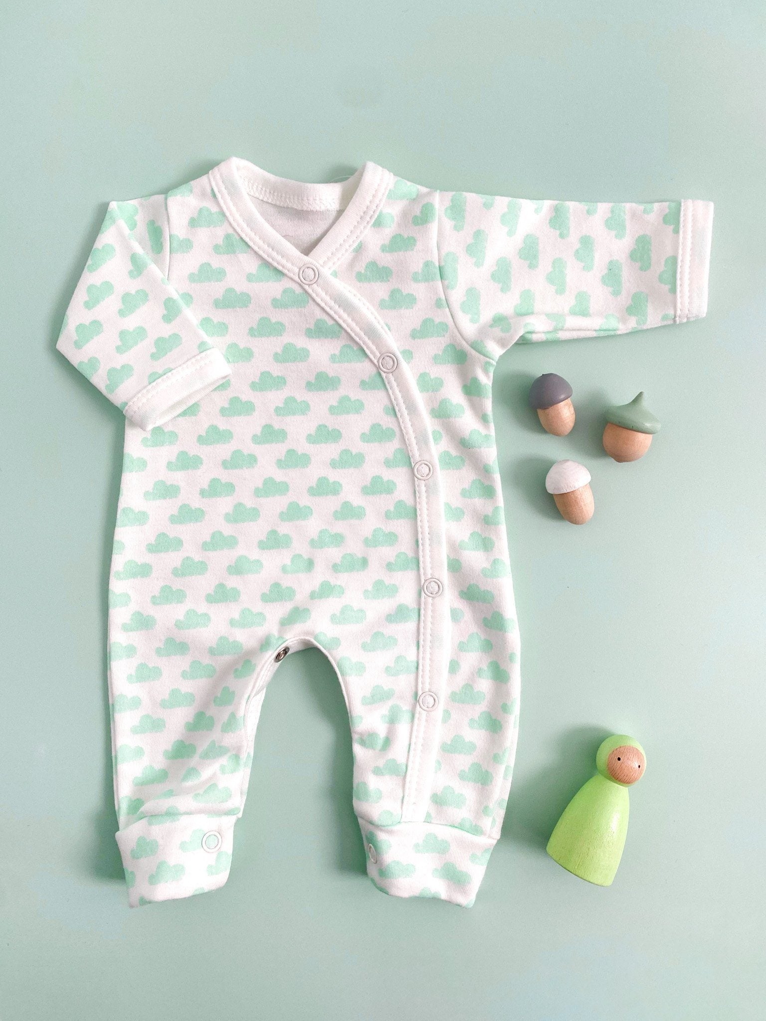 Sleepsuit, Mint Clouds, Premium 100% Organic Cotton - Sleepsuit / Babygrow - Tiny & Small